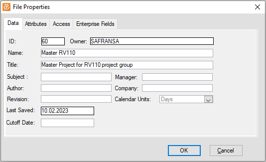 MultiProject File Properties Data Tab