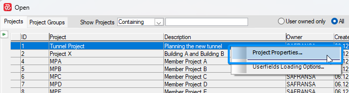 Open Project Window - Open Project Properties