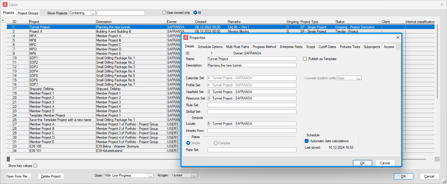 Open Project Window - Project Properties