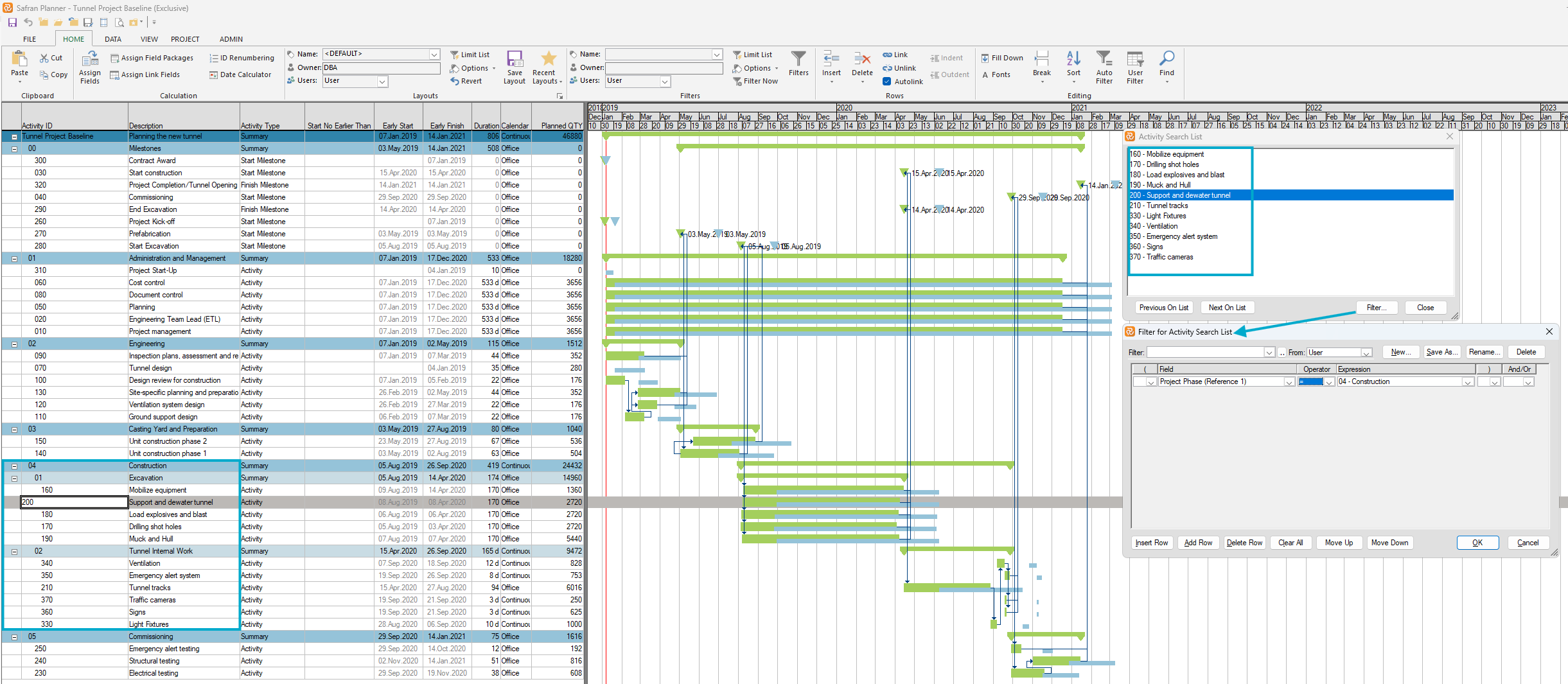 Planner Activity Search List Selection Filter