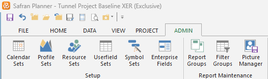 Features of the Admin tab in the Safran Planner Ribbon menu