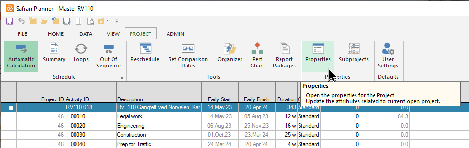 Planner Cutoff Date Project Properties Ribbon