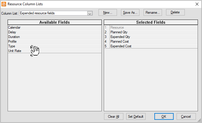 Planner Enter Progress Expended Resource Column List