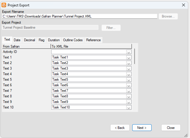 Planner Export MSP XML Mapping