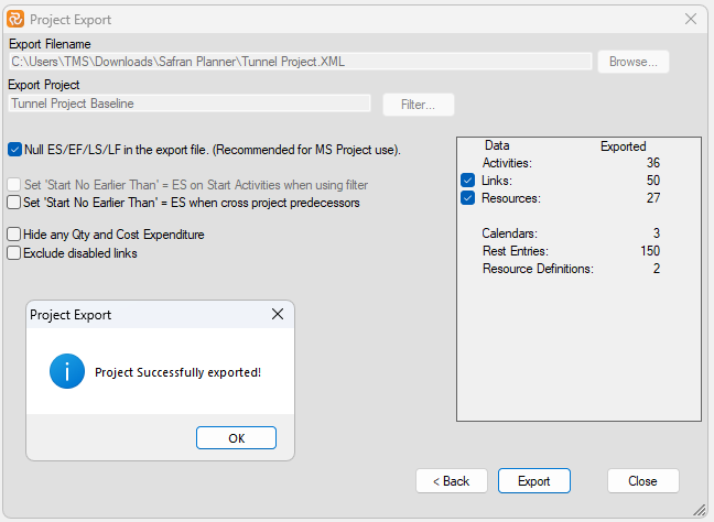 Planner Export MSP XML Success