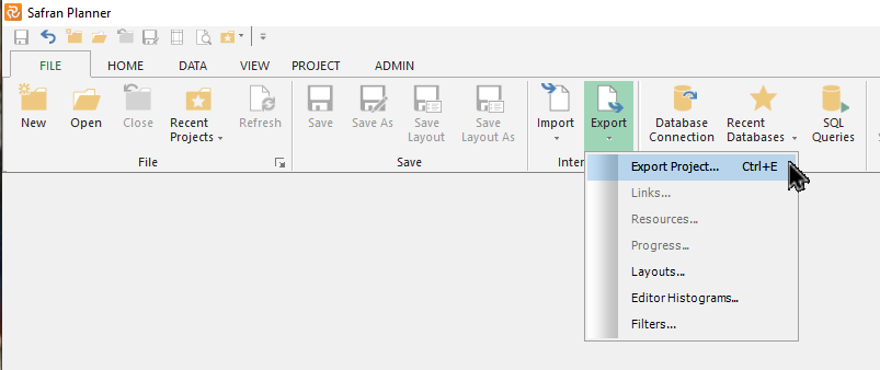 Planner Exporting Master Project Data Ribbon