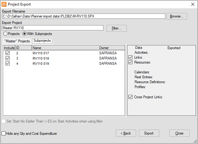 Planner Exporting Master Project Included Data Subprojects