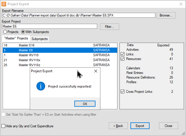 Planner Exporting Master Project Included Data Successfully Exported