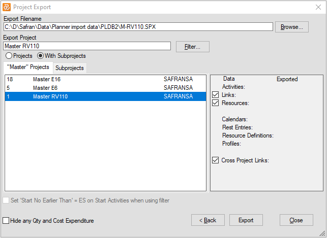 Planner Exporting Master Project Included Data