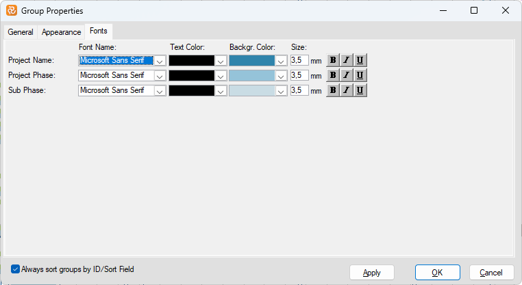 Planner Group Properties Fonts