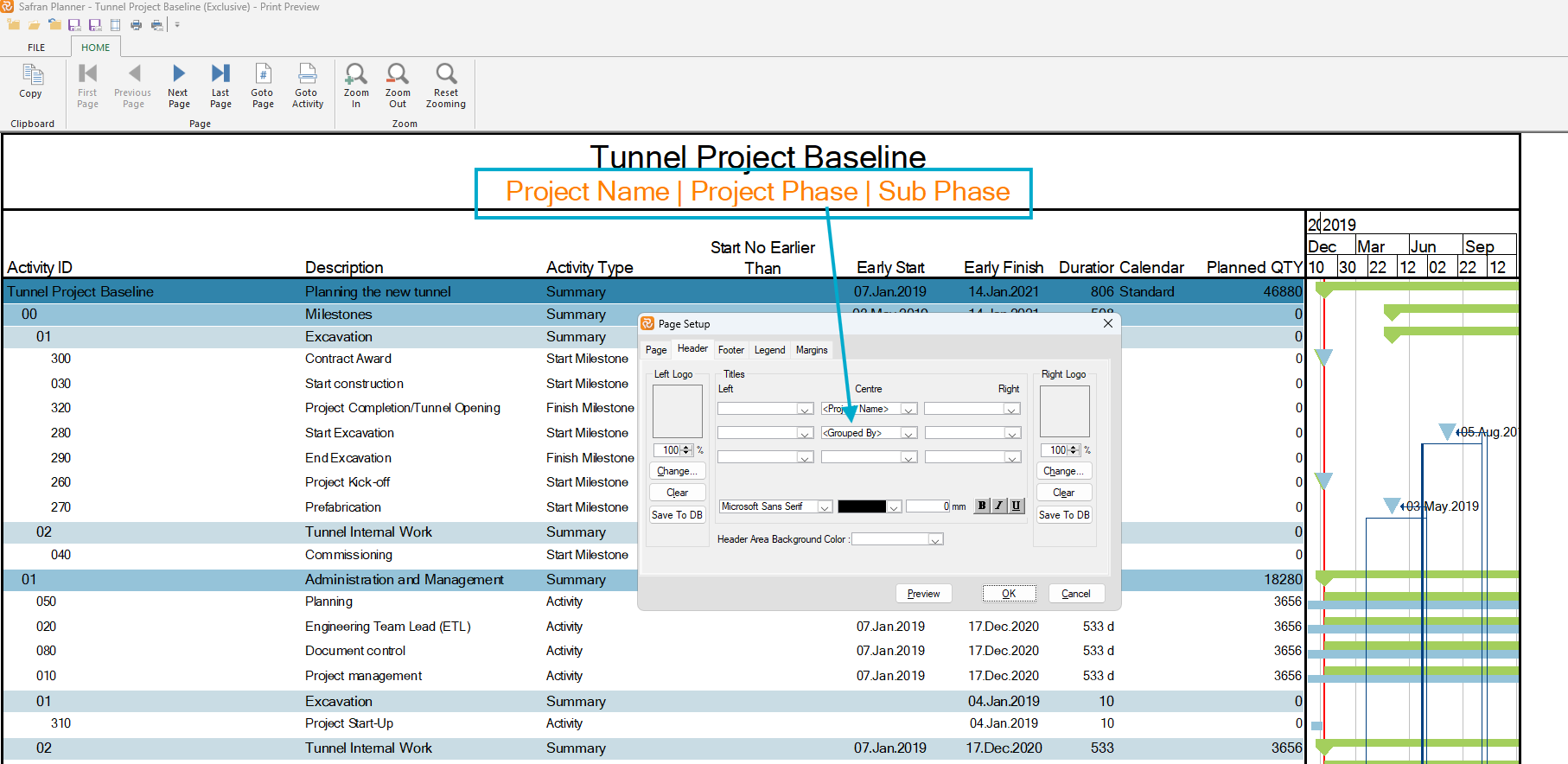 Planner Group Properties Page Setup Header