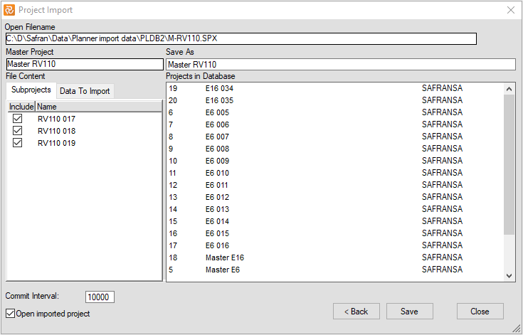 Planner Import Master Project Include Data Subprojects