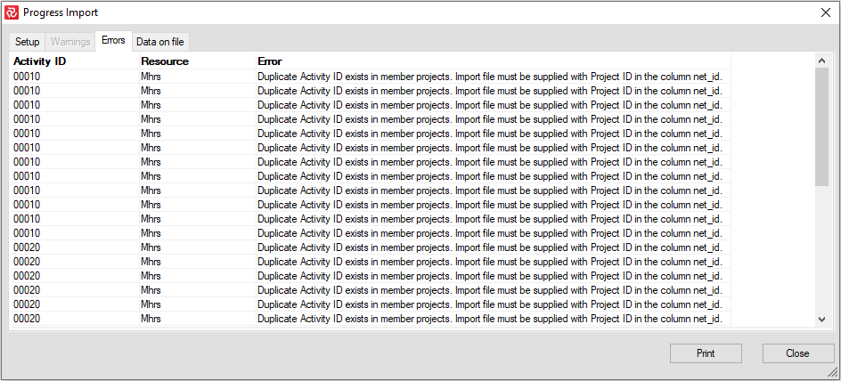 Planner Importing Progress Expended File Import Error Messages