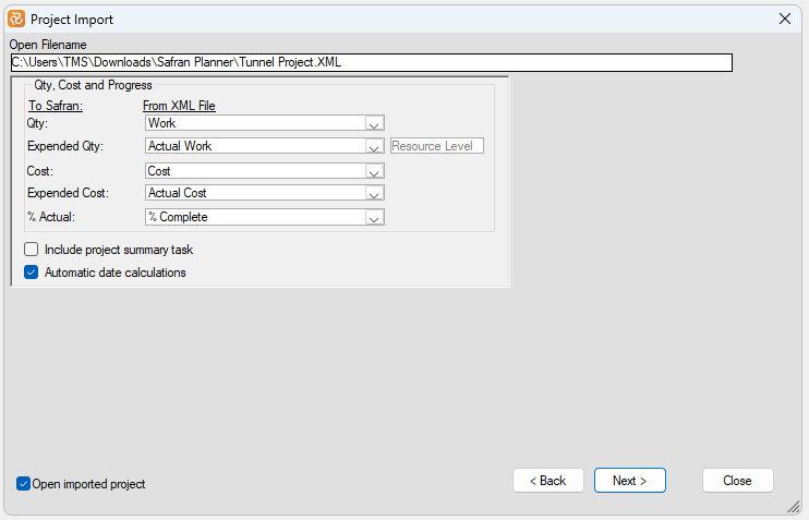 Planner Importing XML Automatic Calculations