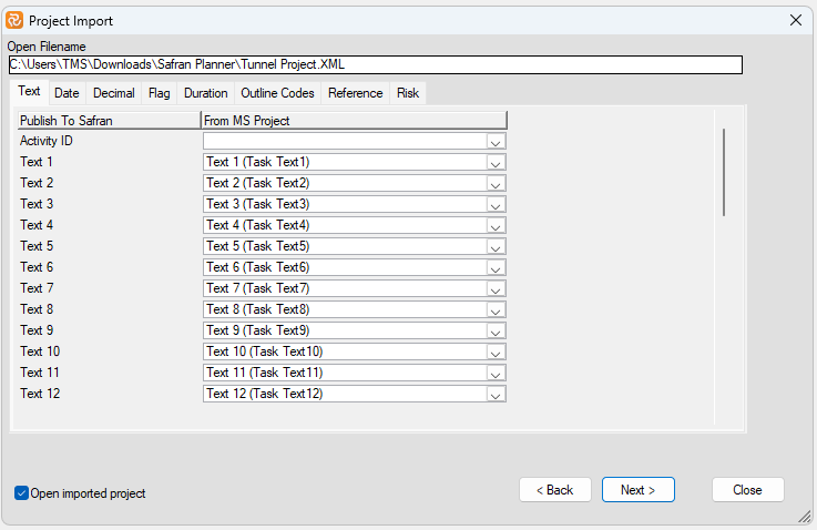 Planner Importing XML Mapping