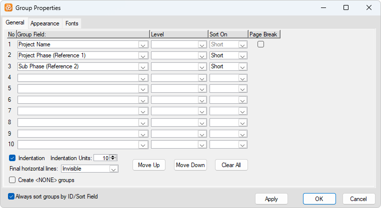 Planner Layout Group Properties