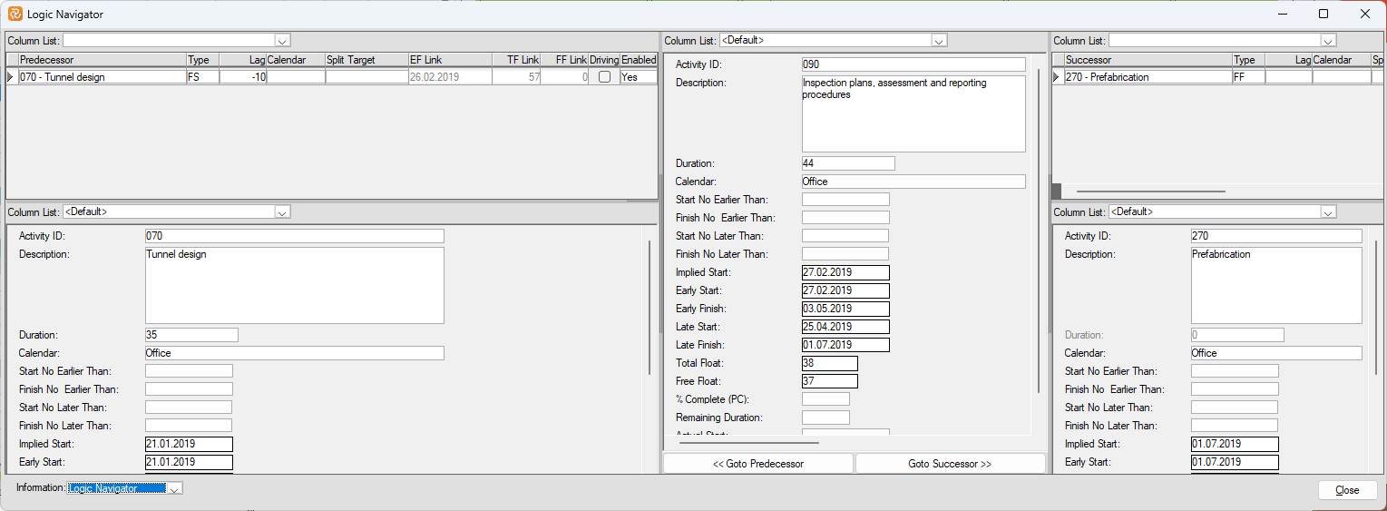 Planner Link Navigator Information Pane