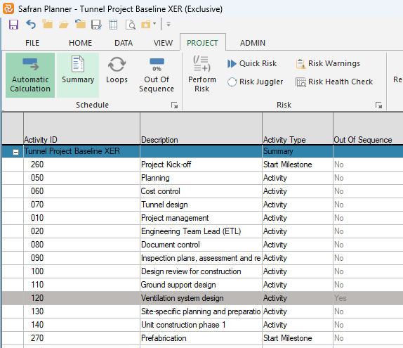 Functionality of the schedule section of the Safran Planner Ribbon menu