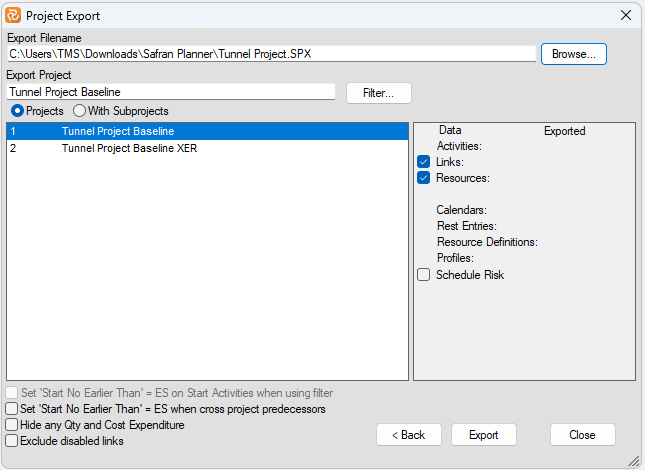 Planner Project Export Select Project