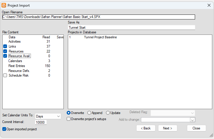 Planner Project Import Window