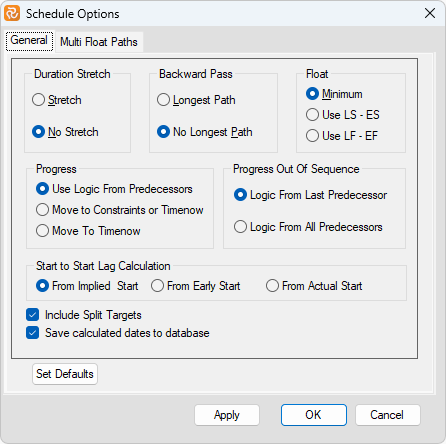 Planner Schedule Option Properties Critical activities