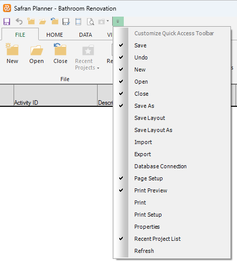 Planner User Interface Quick Access Toolbar