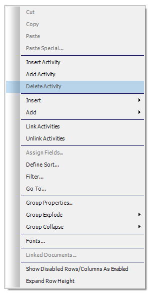 Planner User Interface Shortcut Menu