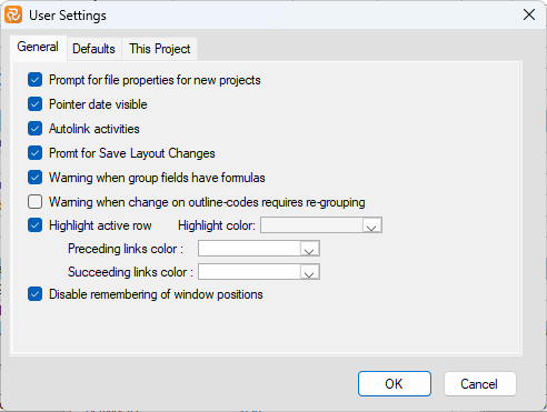 Planner User Settings