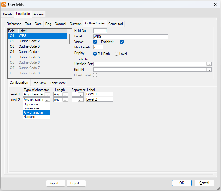 Planner Userfields Outline Configuration