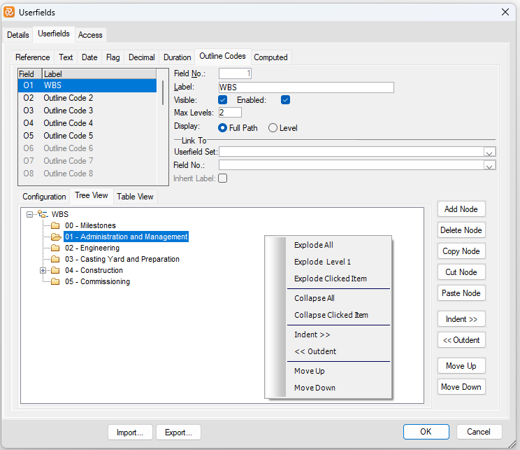 Planner Userfields Outline Indent Menu