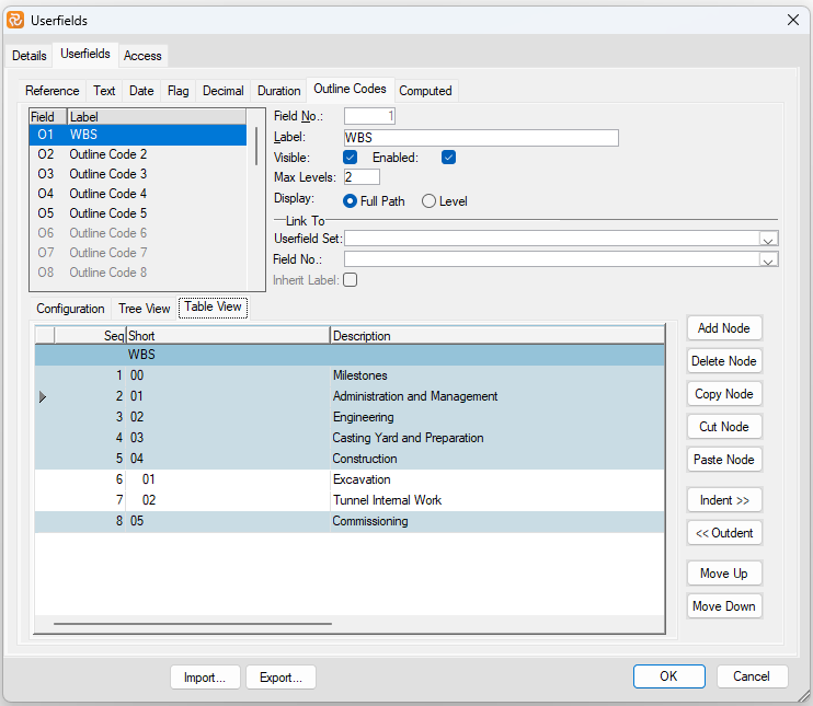 Planner Userfields Outline Table View