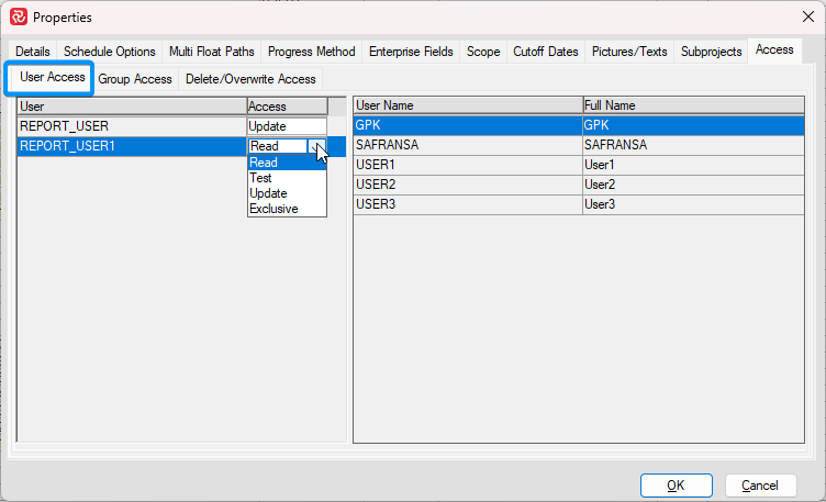 Project Properties - Access tab - User Access