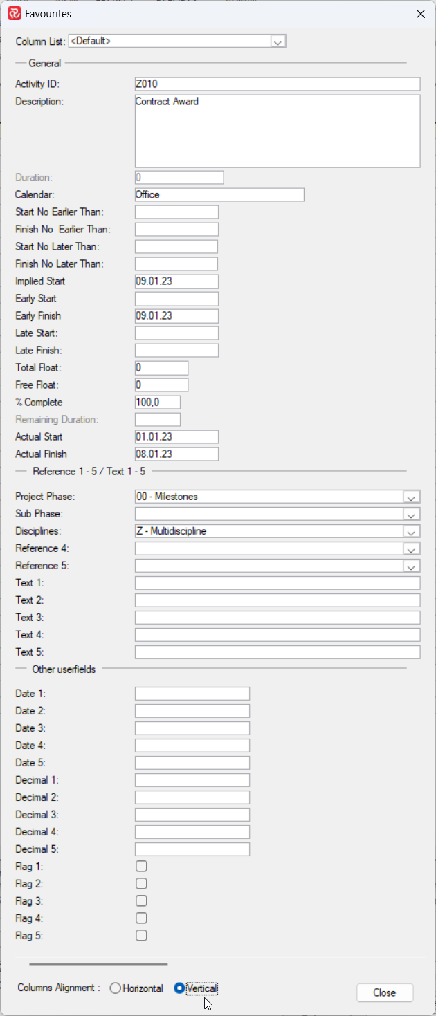 SP Activity Information Panel Favorites Tab - Default Vertical