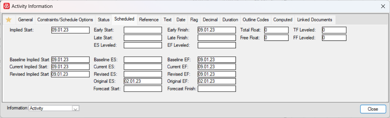 SP Activity Information Panel Scheduled Tab