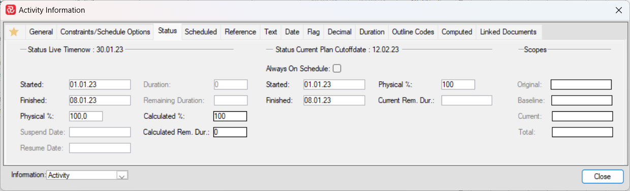 SP Activity Information Panel Status Tab