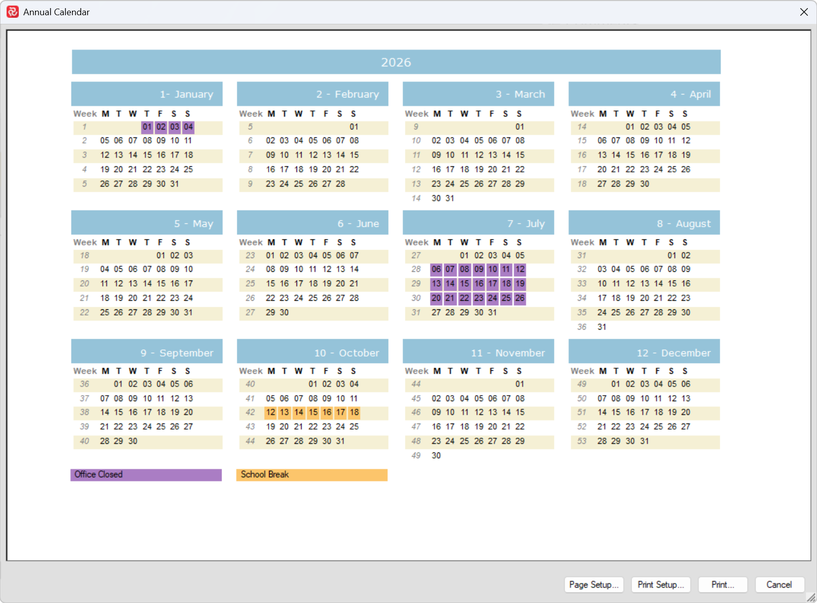 Annual calendar for 2026 displaying months, weeks, and highlighted school breaks.