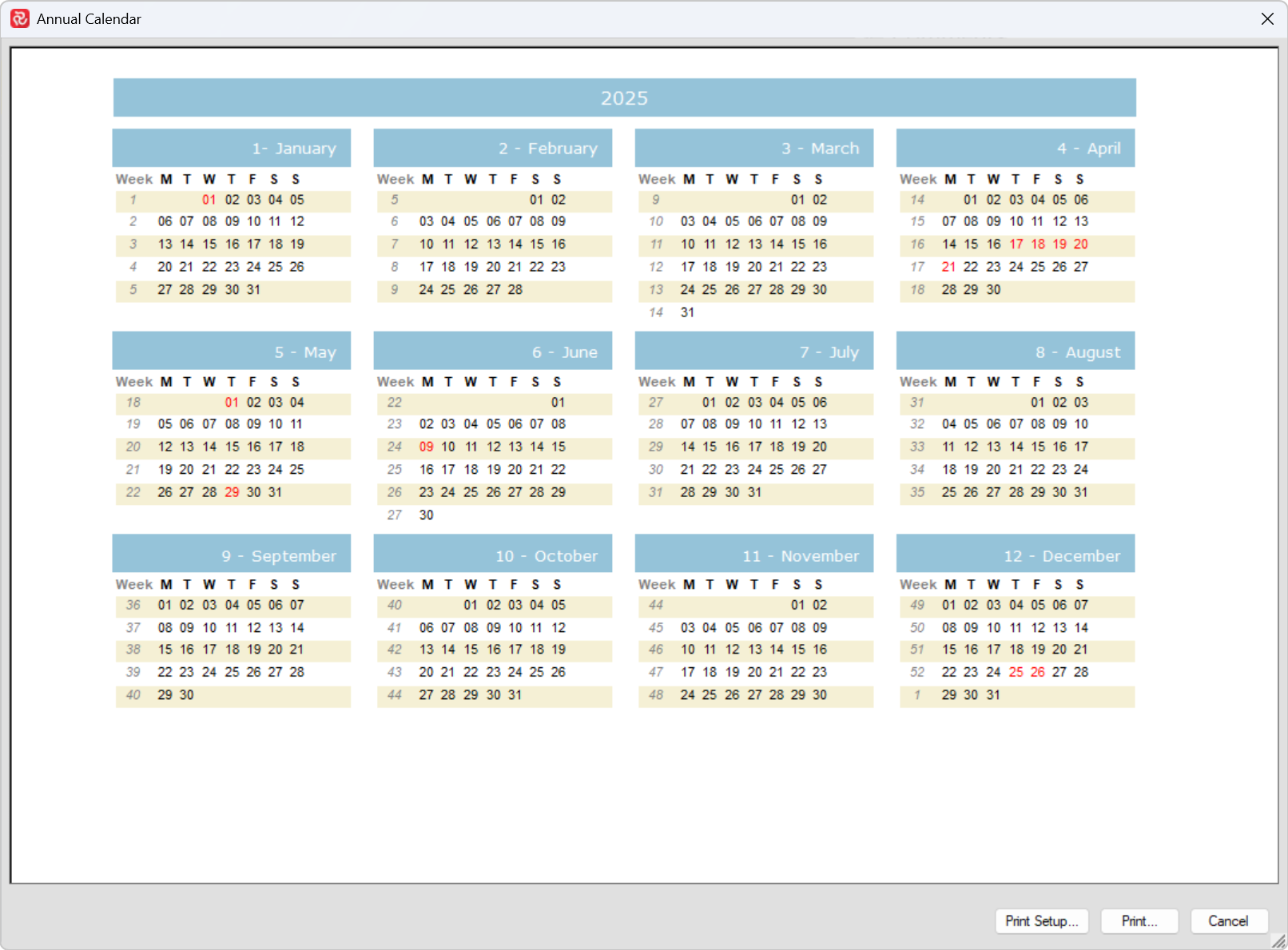 Annual calendar for 2025 displaying months, weeks, and highlighted dates.