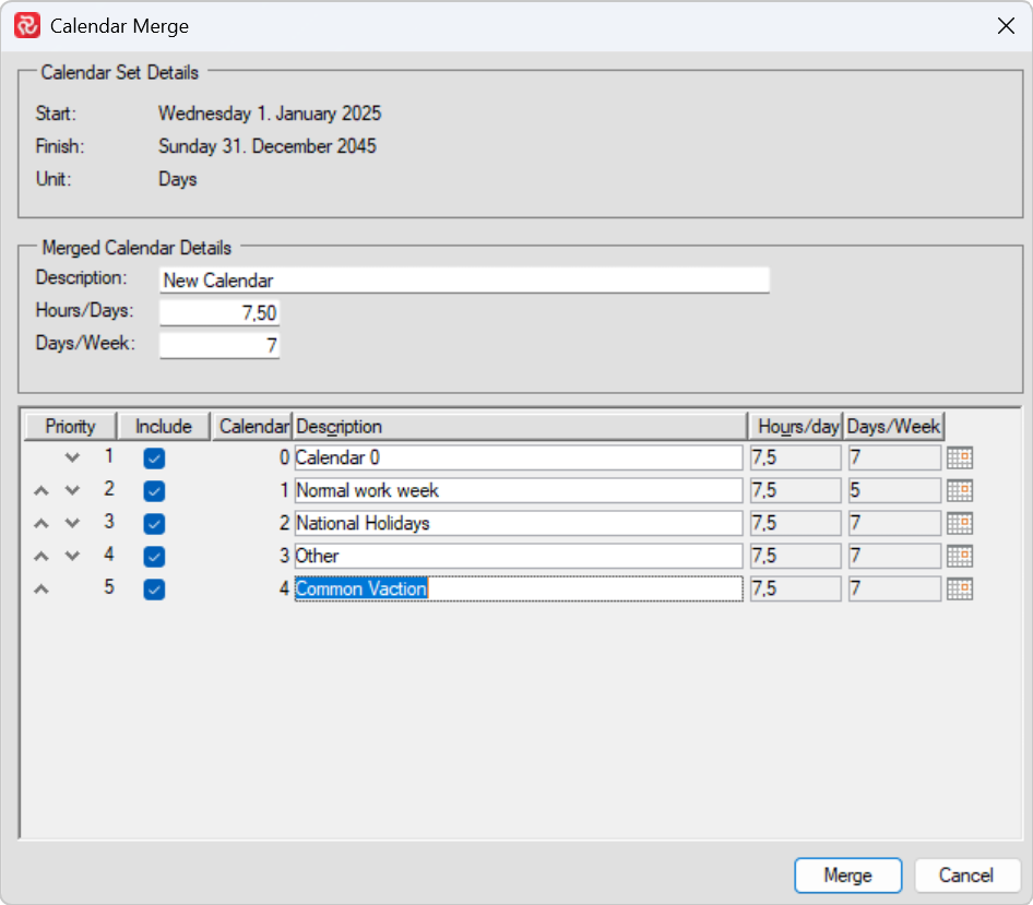 Calendar merge details showing various priorities and descriptions for different calendar types.