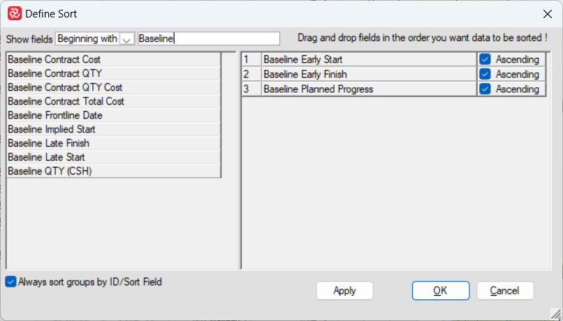 SP Define Sort Beginning with Baseline