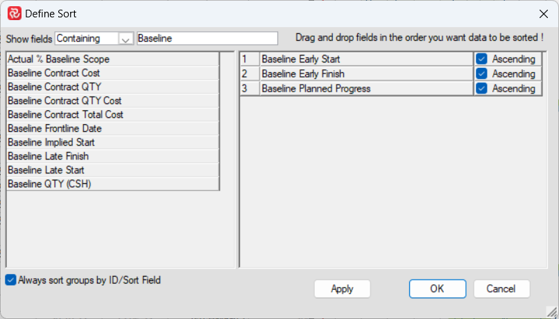 SP Define Sort Containing Baseline