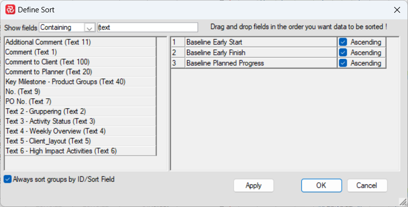 SP Define Sort Containing Text