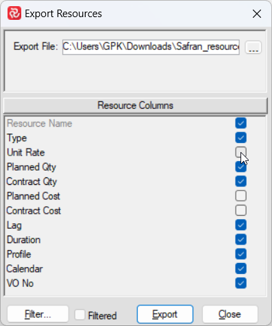 SP Export Resources Columns selection