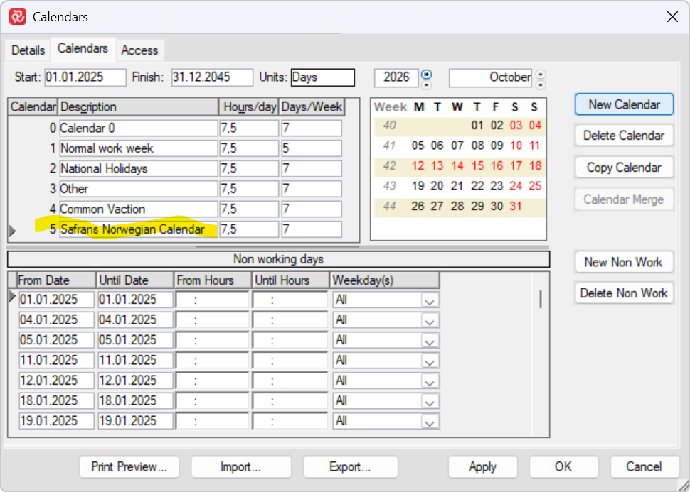 Calendar settings showing Safrans Norwegian Calendar.