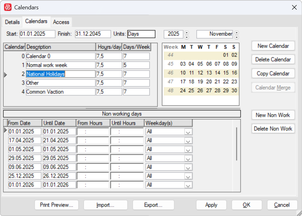 Calendar interface displaying national holidays and non-working days.