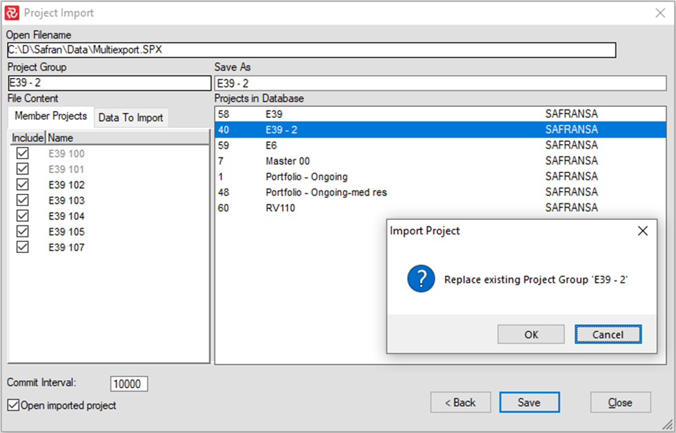 SP Project group Import project Replace existing