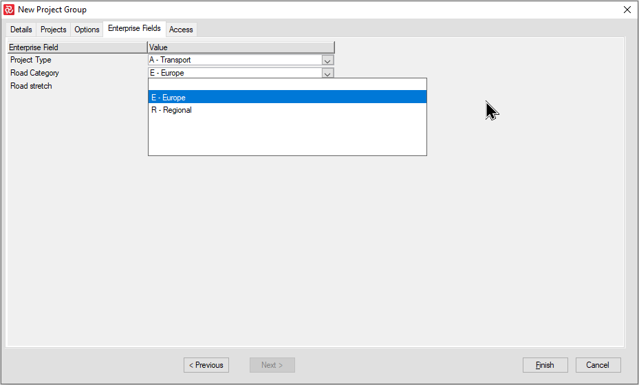 SP Project group New Project group Enterprise Fields Tab