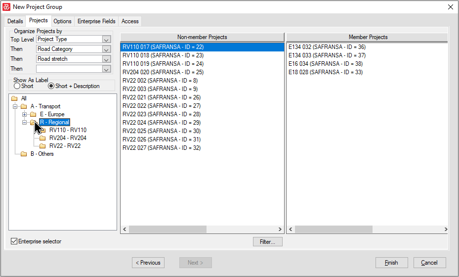 SP Project group Properties Enterprise Selector