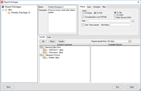 The Report Package configuration window