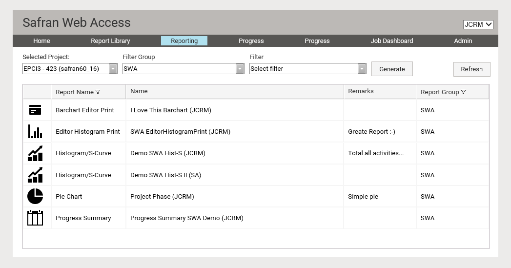 List of report types in Safran Web Access