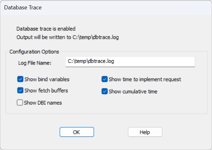Database trace configuration options with log file path and settings for data retrieval.